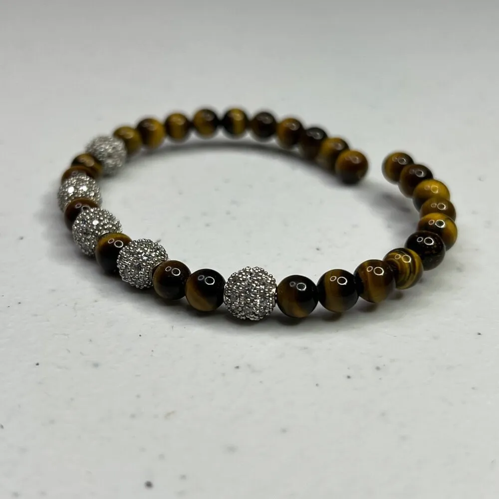 Tigers Eye & Rhinestone Beaded Stretch Bracelet Silver - Image 4