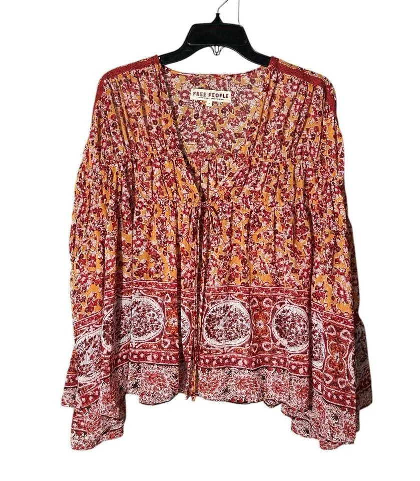 Free People Lorraine Tiered Kimono Top In Mustard Combo Size Medium Tunic #CC3-7 - Image 3