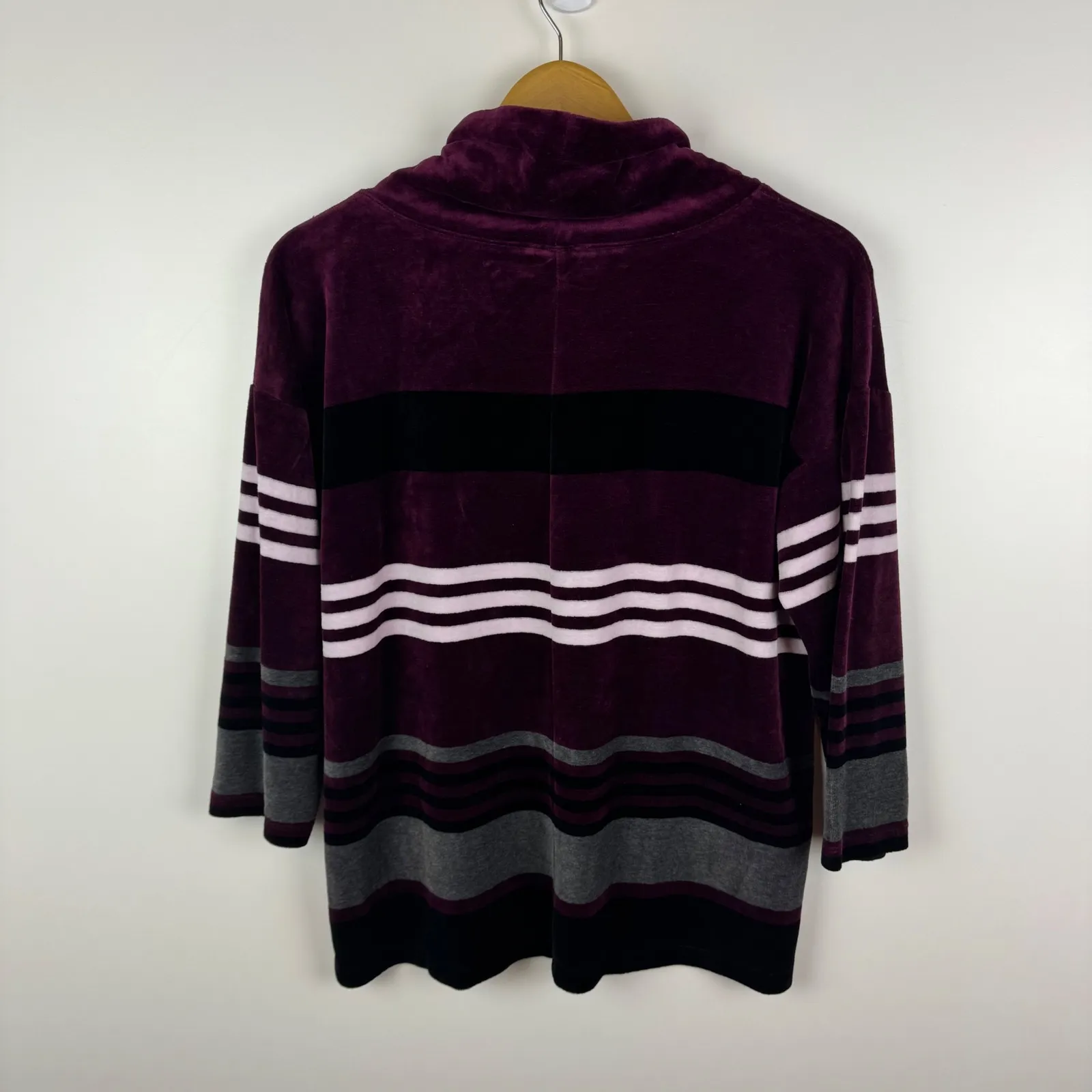 Talbots Stripe Velour Cowlneck Pullover Medium Burgundy‎ Soft Knit Comfy Cozy - Image 4