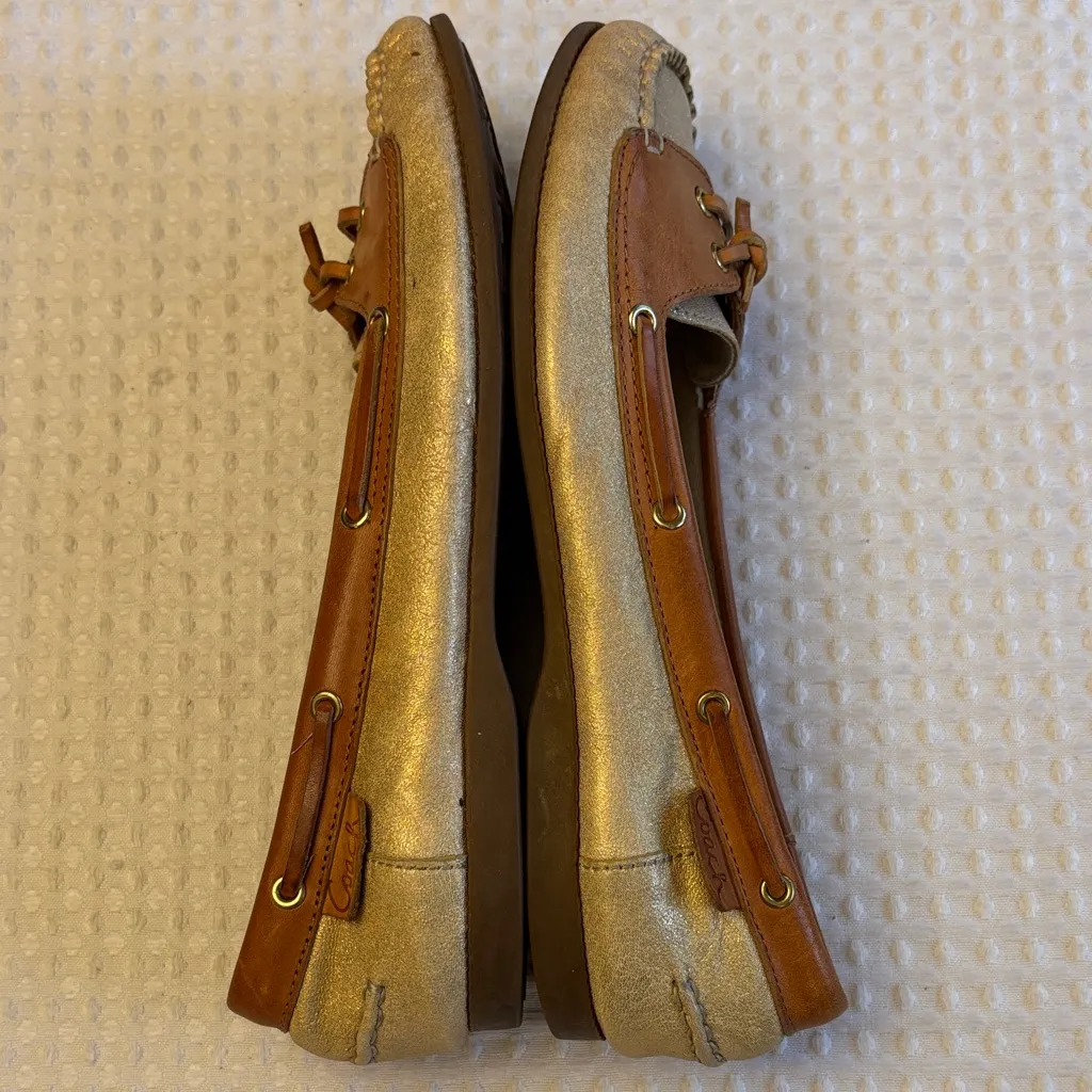 Coach CHERRY Size 8.5M Women's Tan Metallic Gold Leather Loafers Moccasins - Image 9