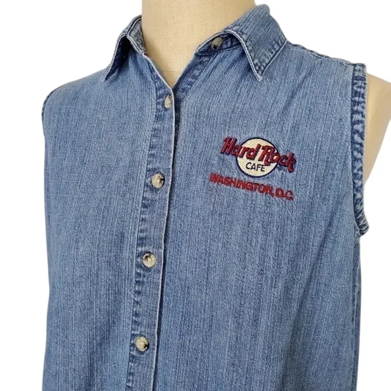 Vintage Y2K Hard Rock Cafe Sleeveless Denim Shirt XL Button Front Washington DC - Image 7