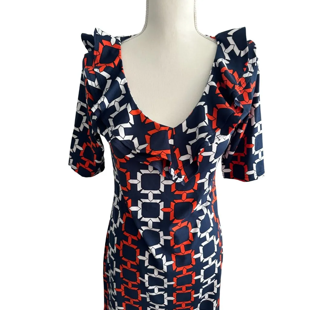 TRACY NEGOSHIAN Orange Navy Blue Ruffle V Neck Dress Size XS - Image 2