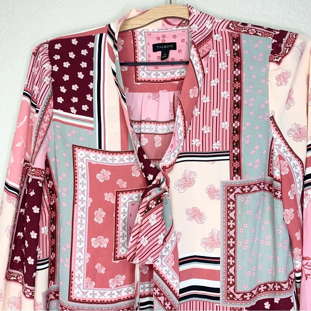 Talbots Pink Floral Patchwork Tie Neck Button Up Blouse Size M - Image 4