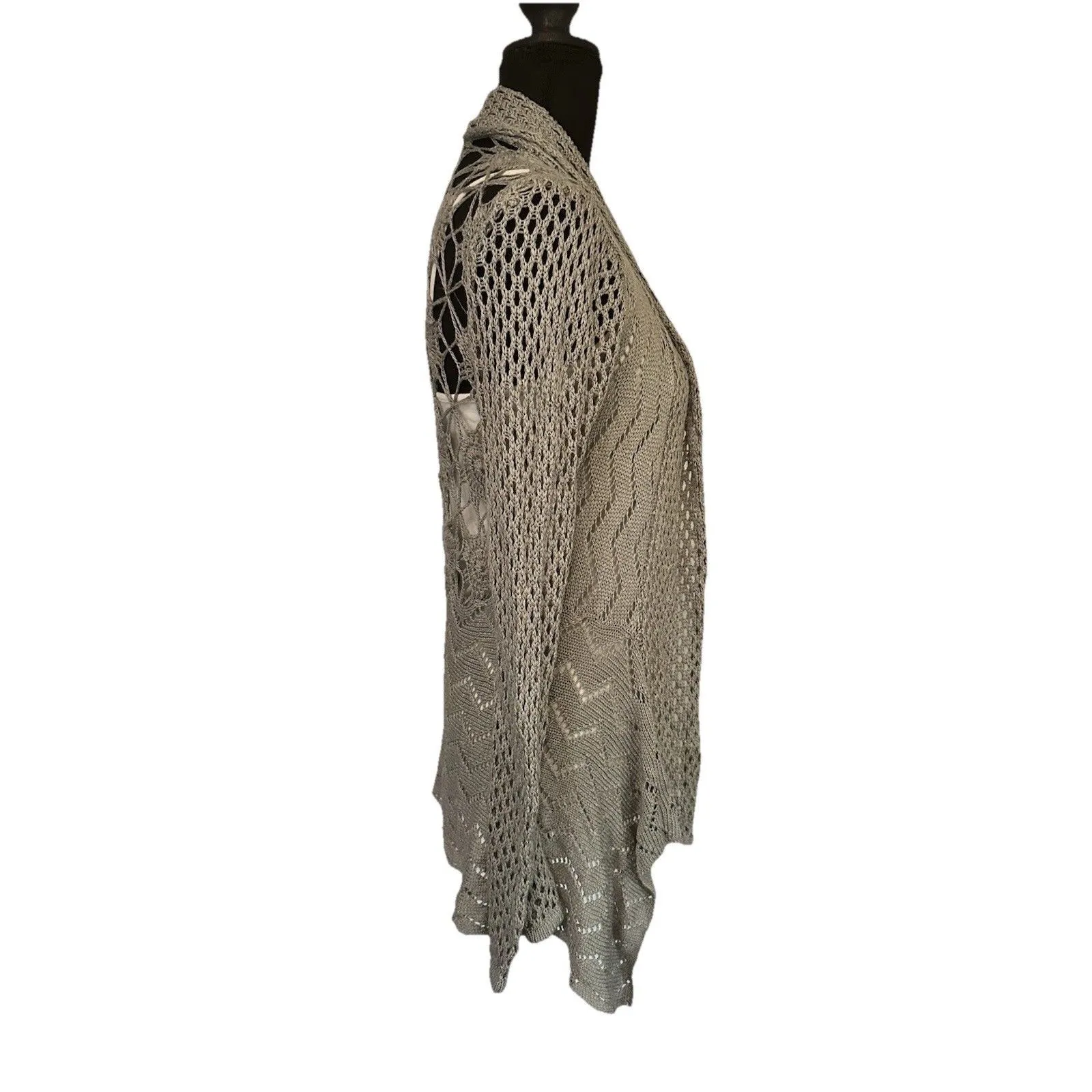 Peppe Peluso Gray Knit Crochet Open Bohemian Cardigan Sz S - Image 6