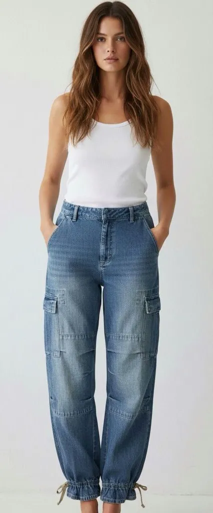 Vintage 90’s Y2k Cargo Paper Bag Utility Tie Adjustable Barrel Wide Jeans Sz6 - Image 1