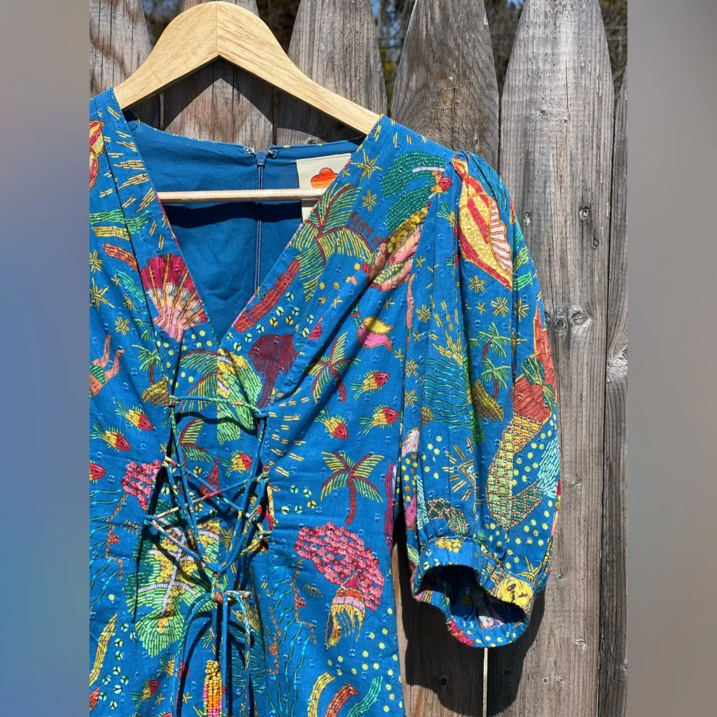 Farm Rio Embellished Lace Up Ocean Stories Printed Swiss Dot Cotton Mini Dress - Image 5