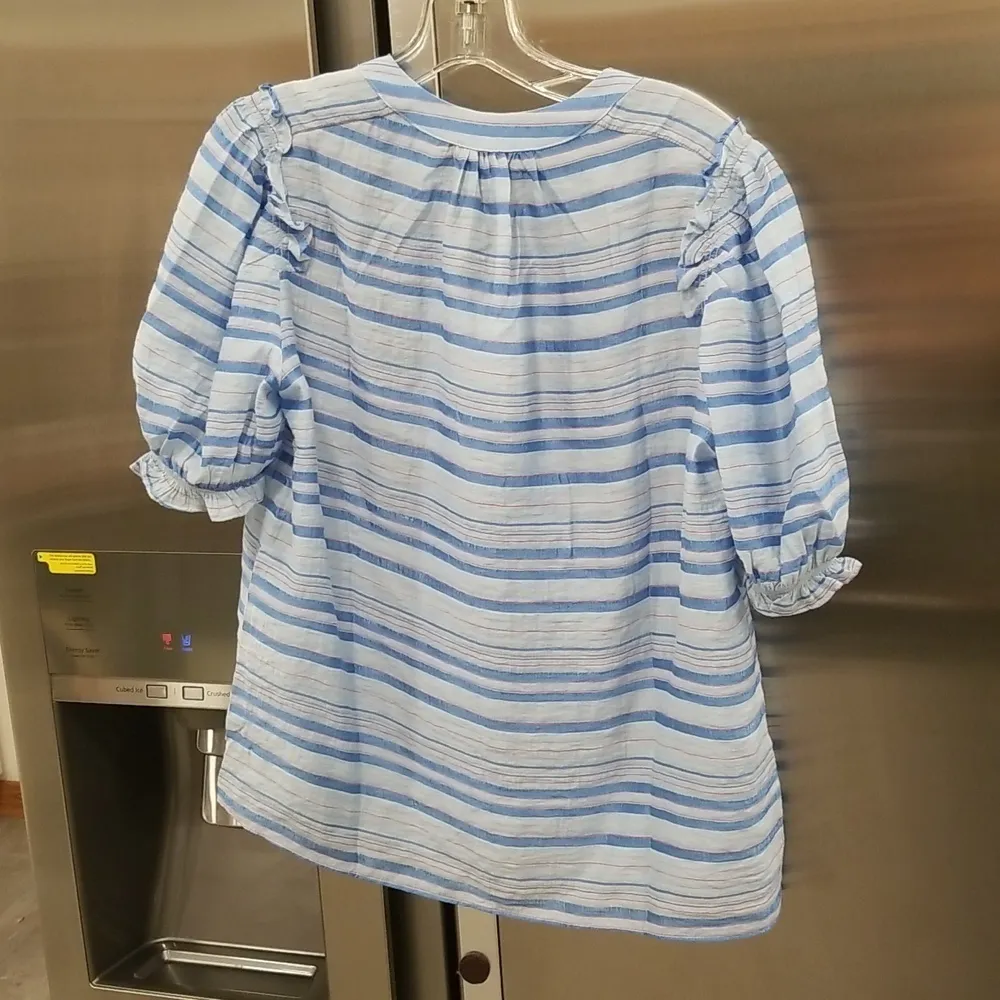 💕CURRENT AIR💕 Short Sleeve Ruffled Split Neck Blouse Blue Striped Medium M NWT - Image 2