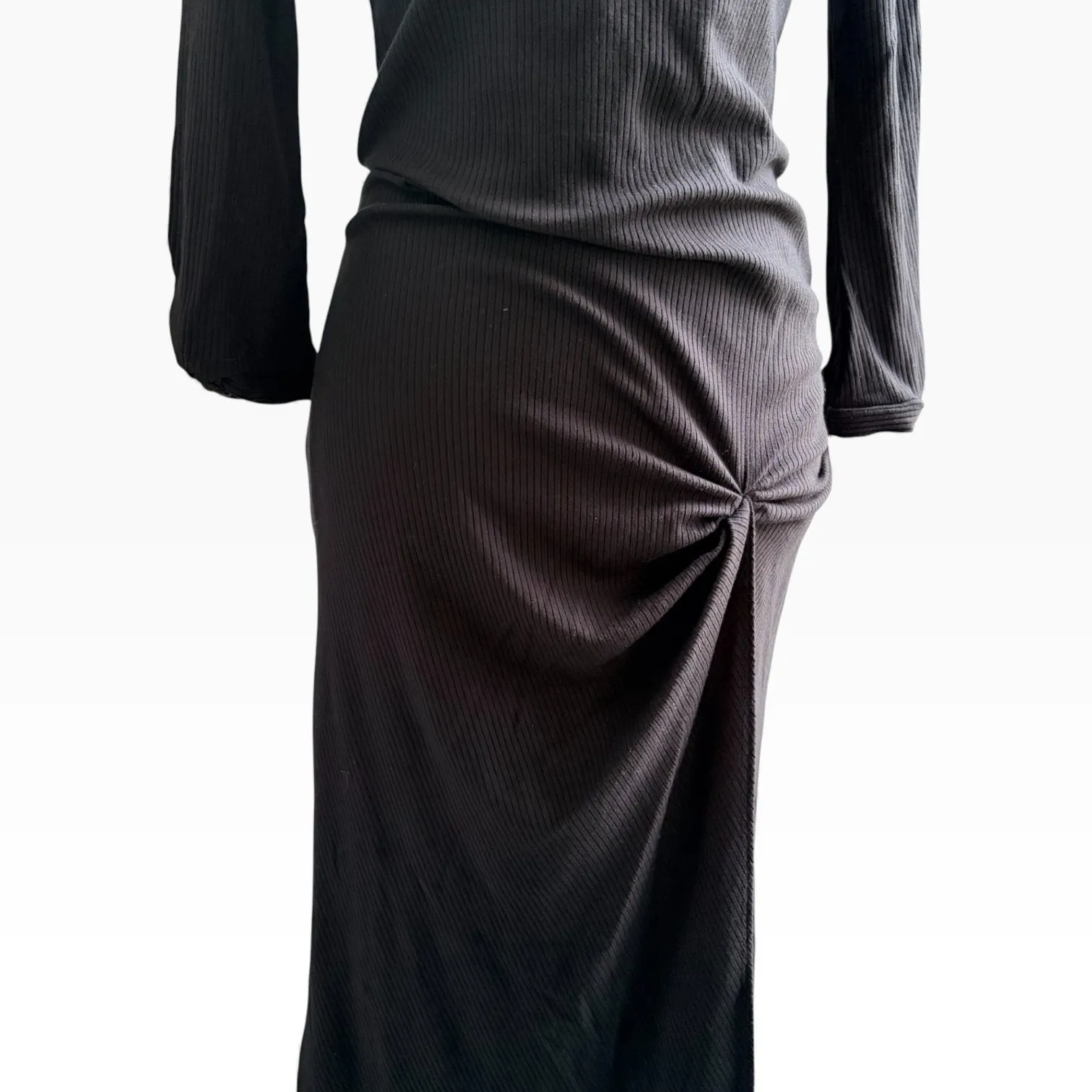 Reformation Boat Neck Black Ribbed Midi Dress Small Long Sleeve Ruched Slit - Image 4