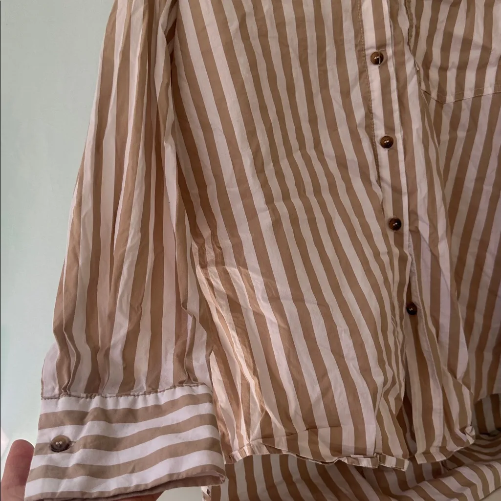 Long Sleeve Beige Striped Oversized Button up Blouse Cotton White Size L - Image 3