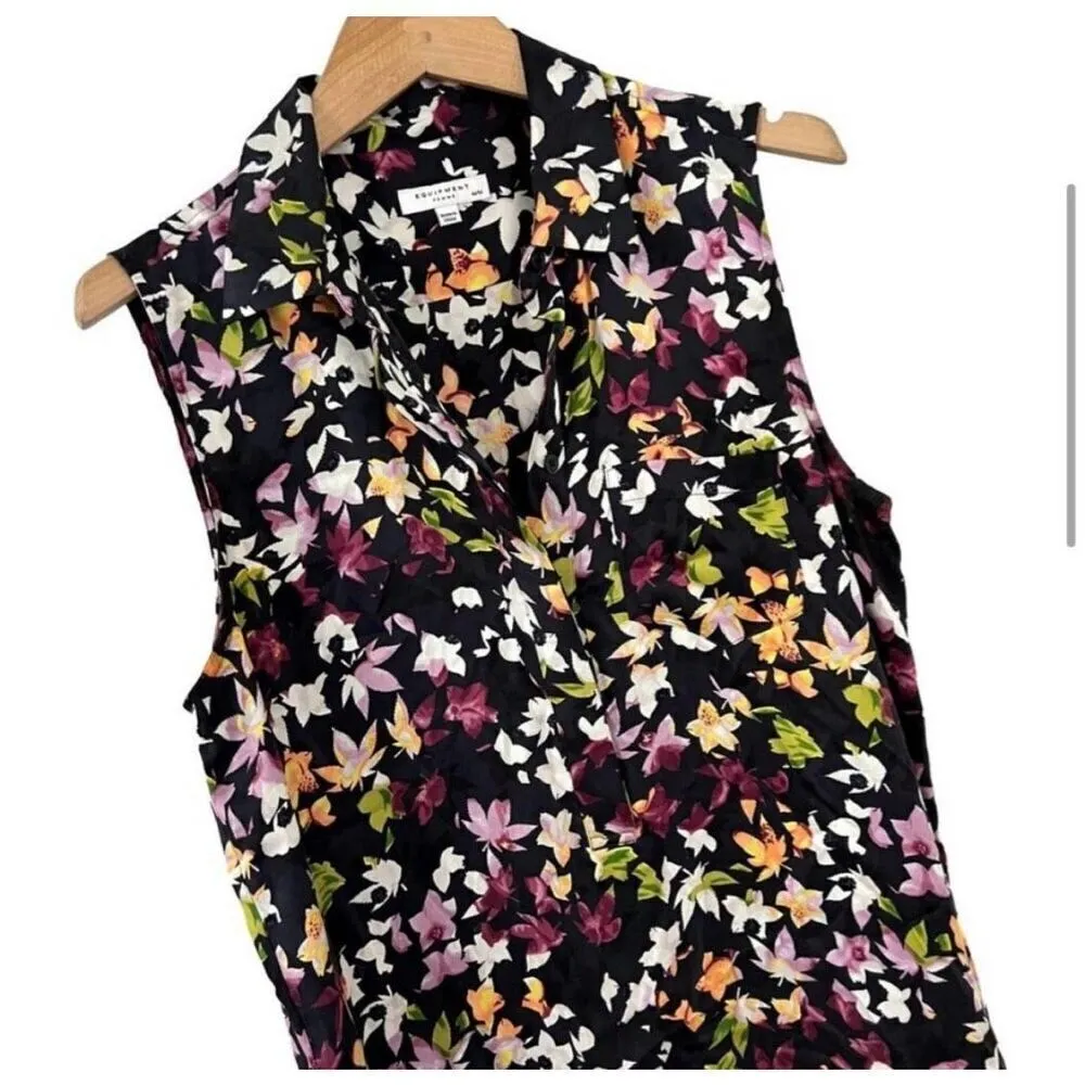 Equipment Femme Tira Black Floral Silk Diagonal Hem Midi Dress Size Medium - Image 4