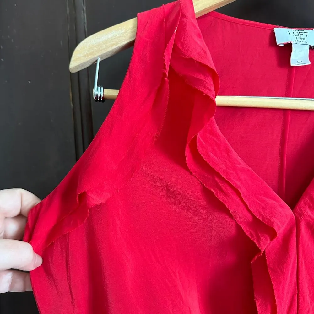 LOFT | Petites Red Silk V Neck Ruffle Trim Sleeveless Dress | Size 6 Petite - Image 3
