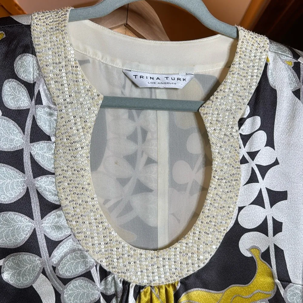 Trina Turk Bonita Dress Silk Black Yellow Floral Sequins Size Medium - Image 7