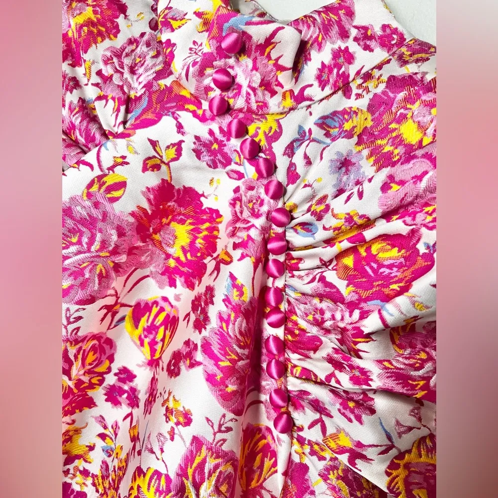 Rotate Birger Christensen Pink Floral Puff Sleeve Dress Size Medium - Image 7