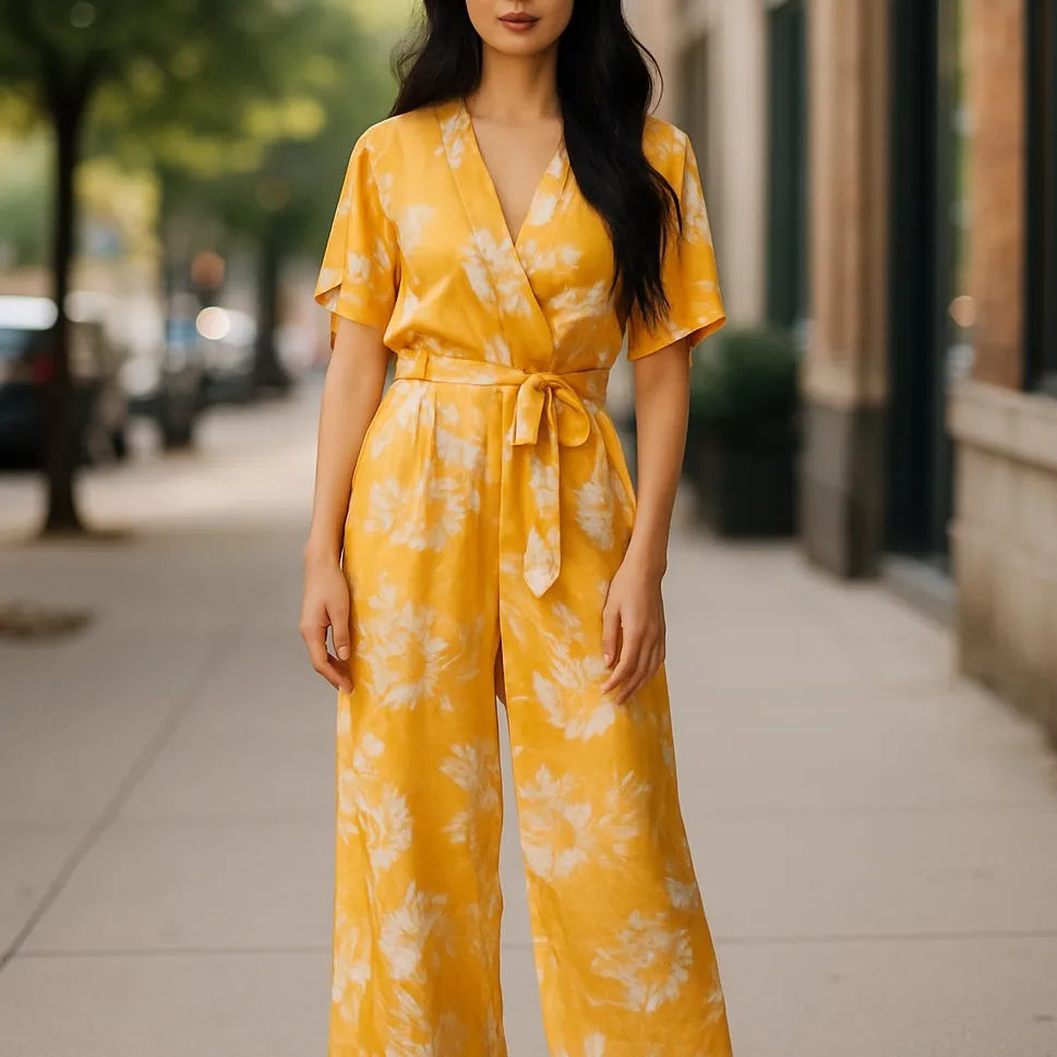 NWT FAVLUX Fashion silky/Chiffon Fabric Yellow Floral Jumpsuit - Image 2