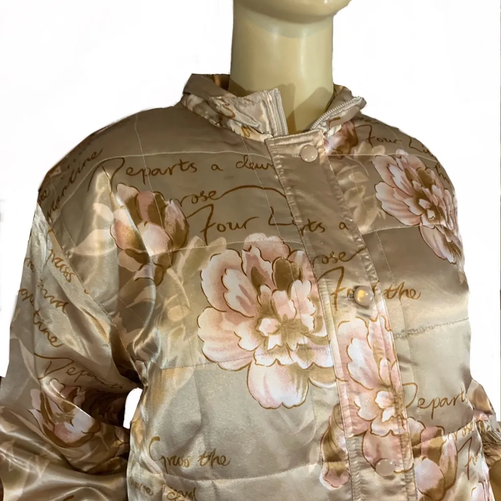 VINTAGE OLEG CASSINI FLORAL PRINT CREAM A PINK BLUSH SATIN BOMBER JACKET (M) - Image 8