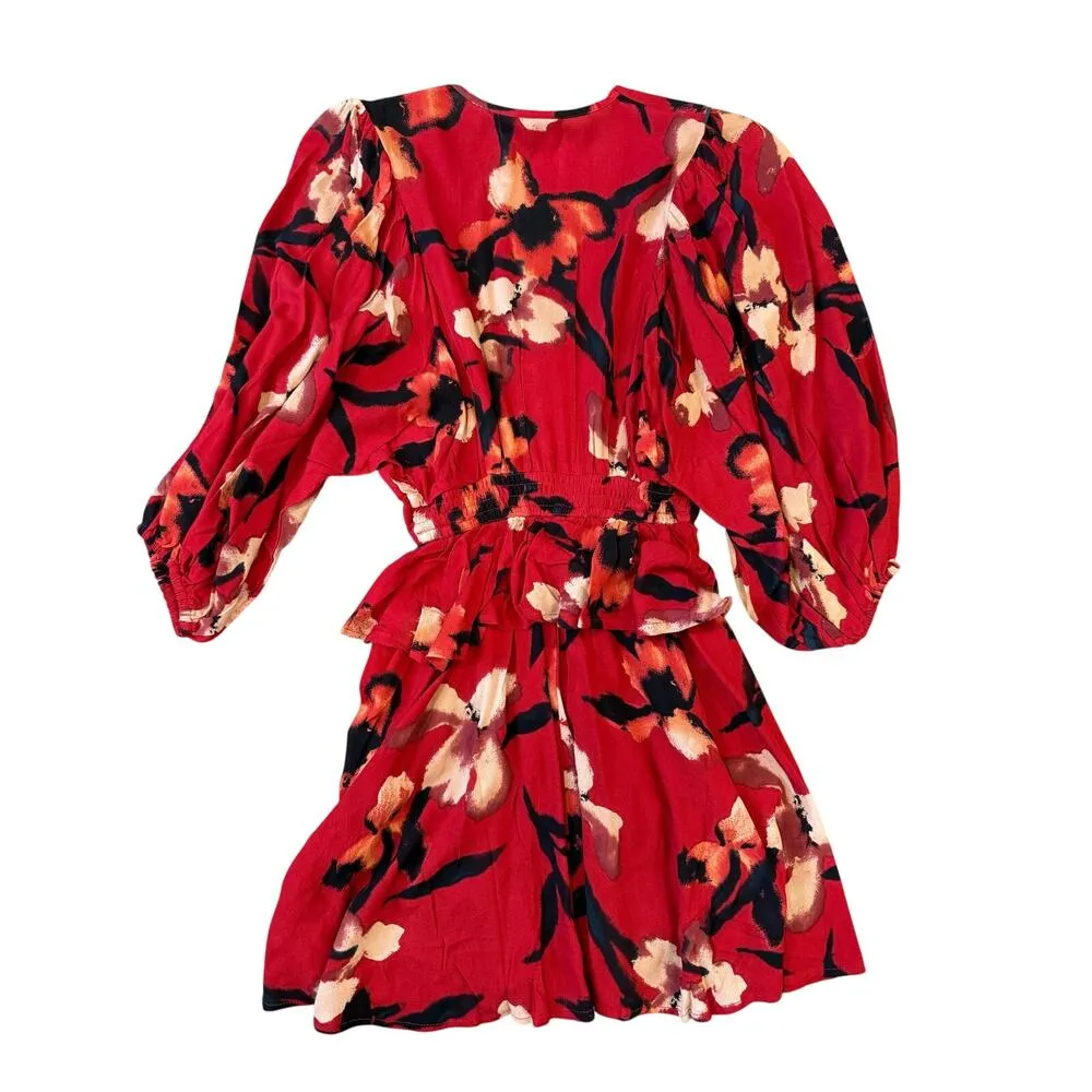 Band of the Free Dolly Red Floral Puff Sleeve Boho Casual Mini Dress XS - Image 4