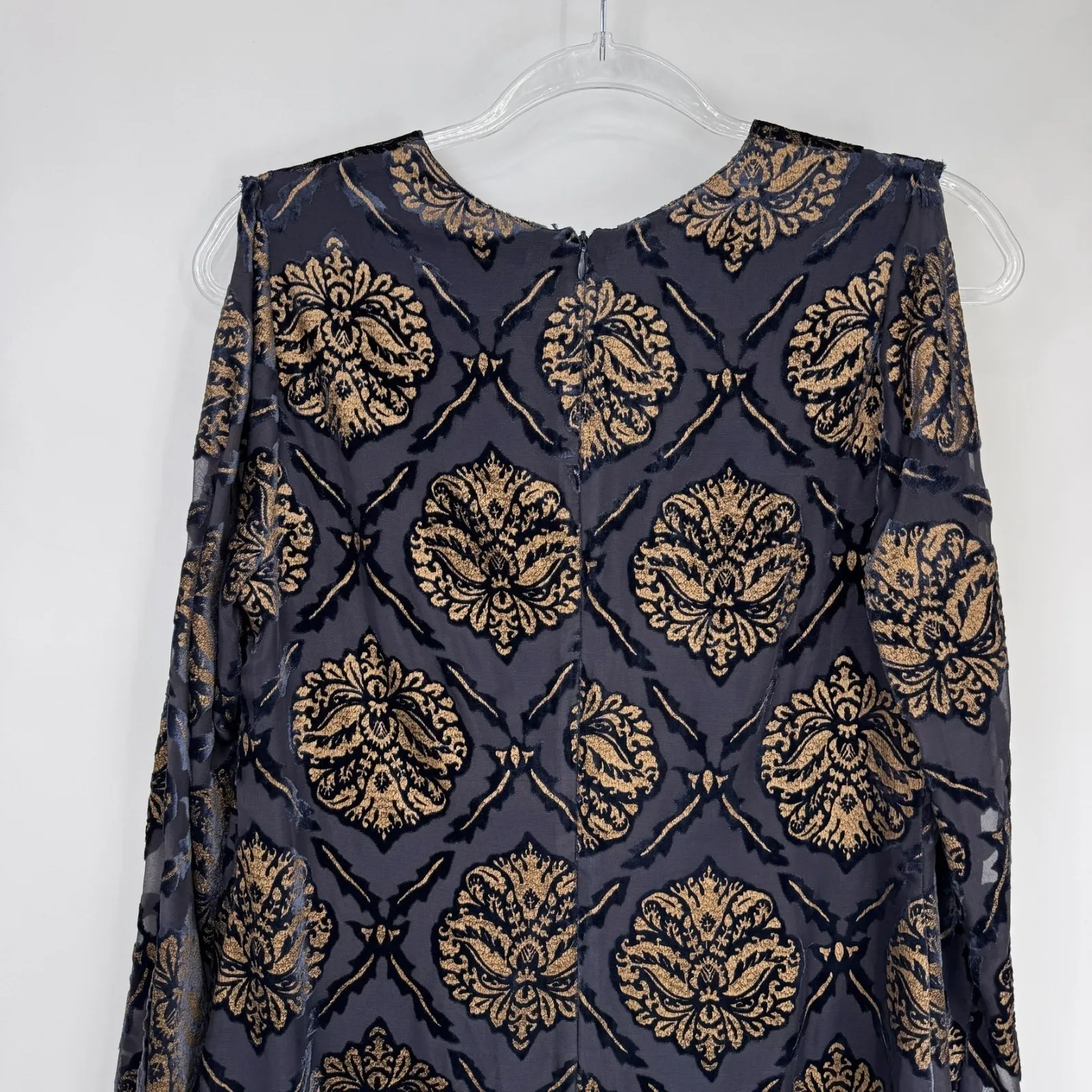 ASTR the Label Cold Shoulder Dress Womens Small Velvet Medallion Print Blue Gold - Image 9