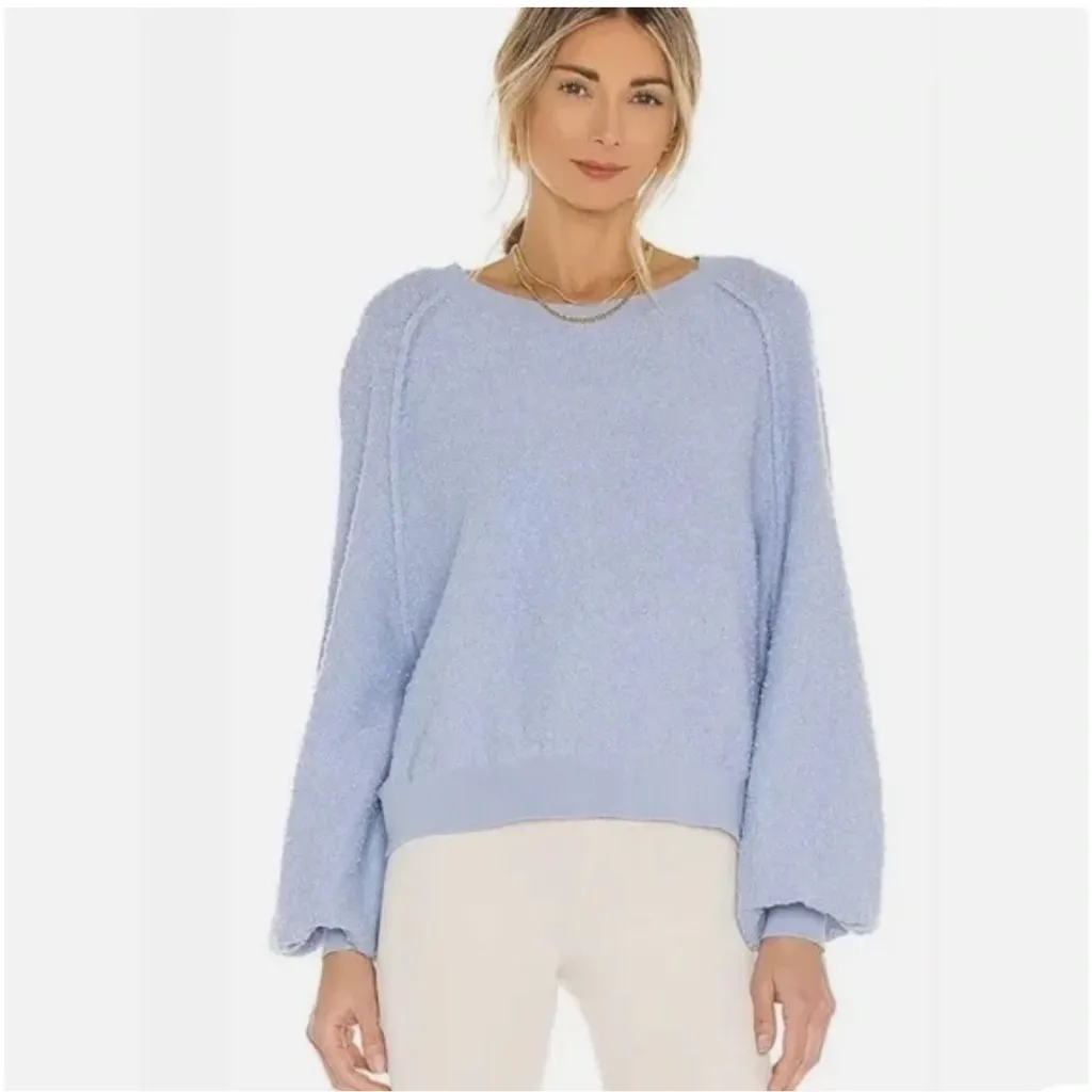 Free People Found My Friend Bouclé Pullover Crystal Sky Blue Size Large Oversize - Image 5