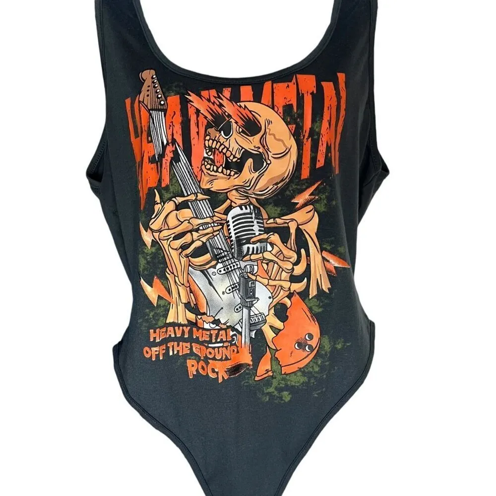 Romwe XL Black Heavy‎ Metal Graphic Bodysuit Skull Grunge Halloween Spooky Biker - Image 2