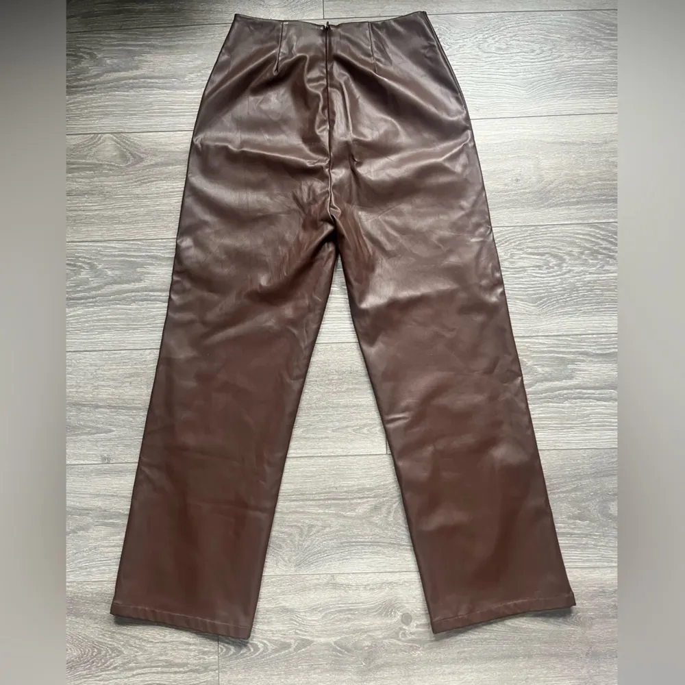 Lisa Says Gah Chocolate Brown Faux Leather Straight Leg Pants Size M/L - Image 2