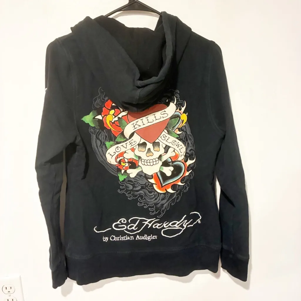 Ed Hardy Black Love Kills Slowly Tattoo Print Full Zip Hooded Sweatshirt Large - Image 5