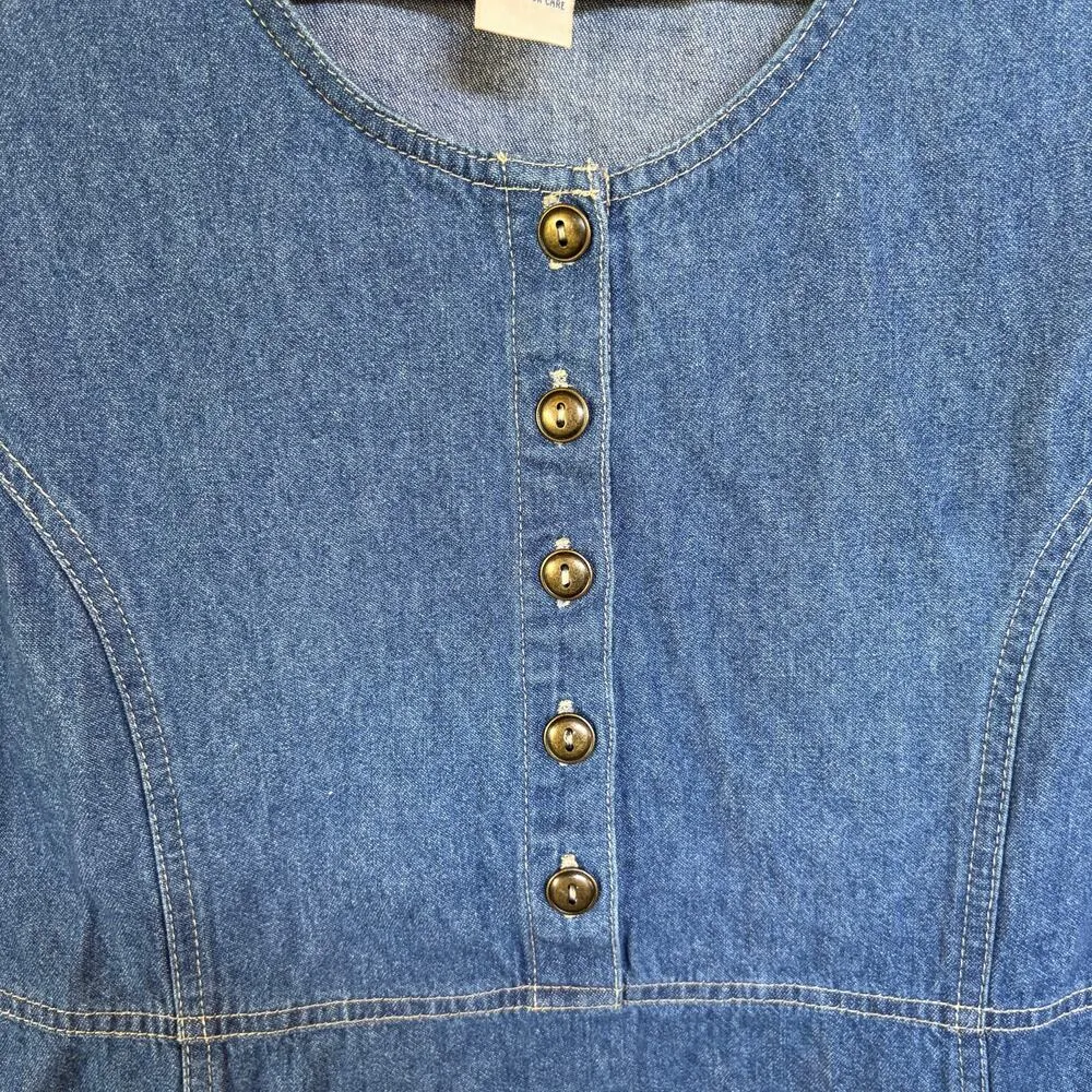 Vtg 90s Denim Maxi Dress Modest Sleeveless Jean Tradwife Western Classic Large Blue - Image 5