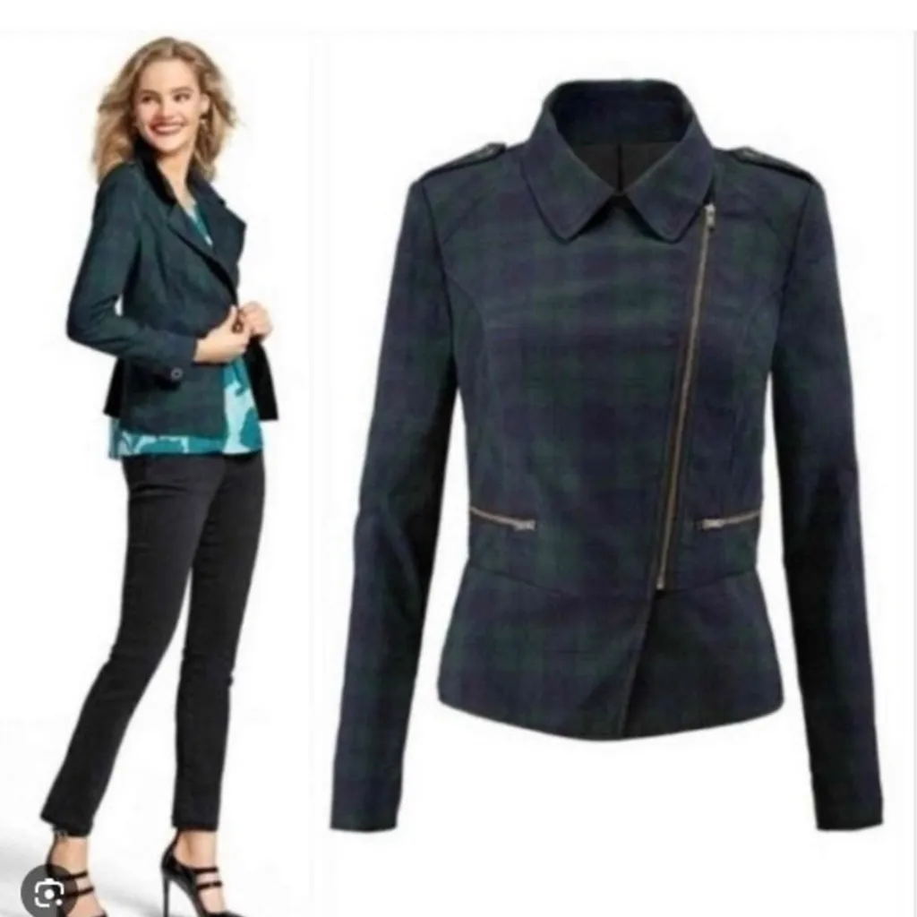 Cabi Tartan Plaid Asymmetrical Zip Moto Jacket Blazer Blue Green Academia Size 6 - Image 2