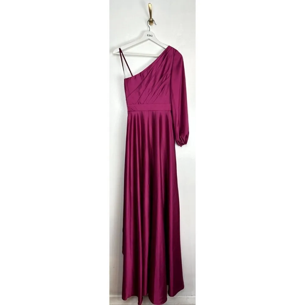 MAC DUGGAL One-Shoulder Long Sleeve Satin High/Low Gown in Berry Size US 0 - Image 9