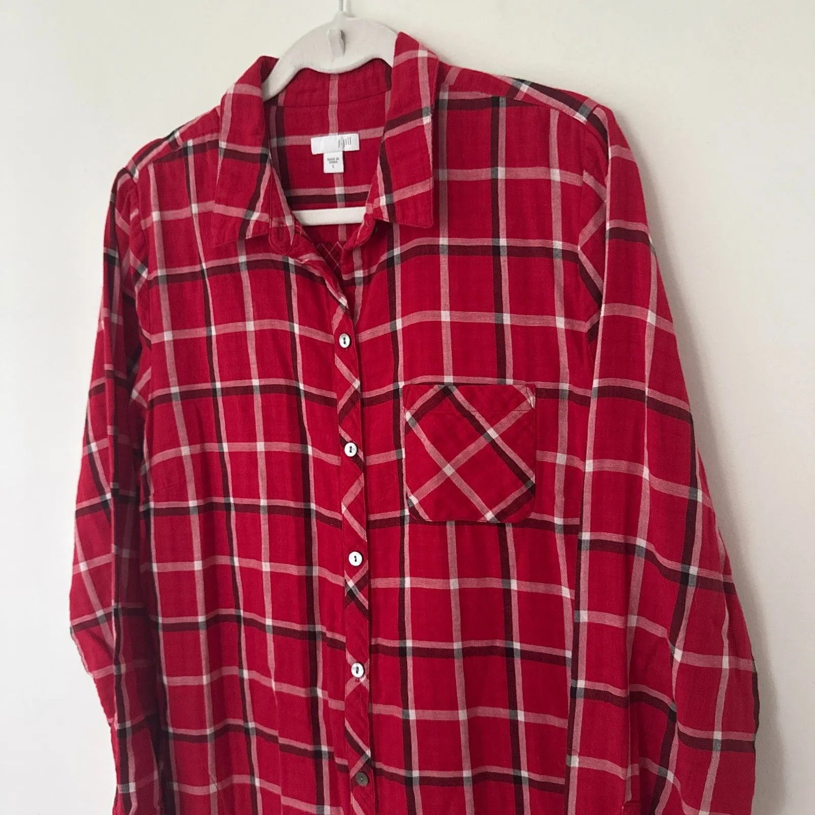 J Jill Red Plaid Double Cloth Tunic Shirt Button Down Relaxed Fit Pockets Sz L Size L - Image 5