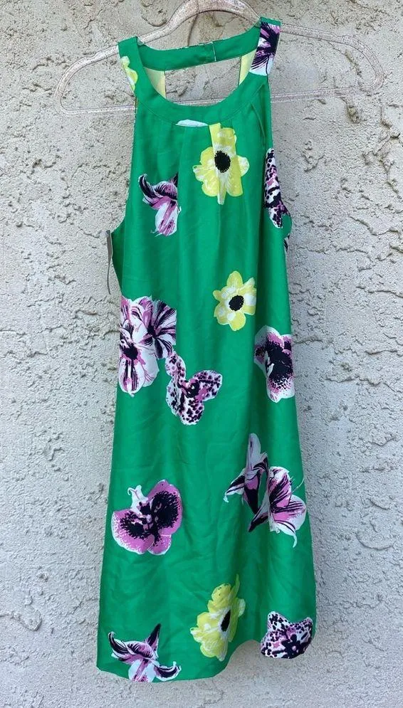 NWT J.Crew Size 4 100% Silk Tropical Green High Neck Knne length dress - Image 2