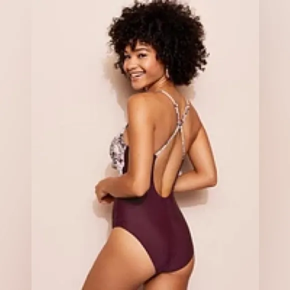 Adore Me  Burgundy and White Swimsuit - Image 3