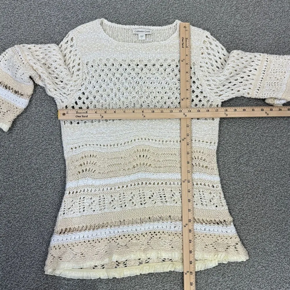 Coldwater Creek Open Weave Crochet Boho Cottage Sweater Ivory Cream Large - Image 11
