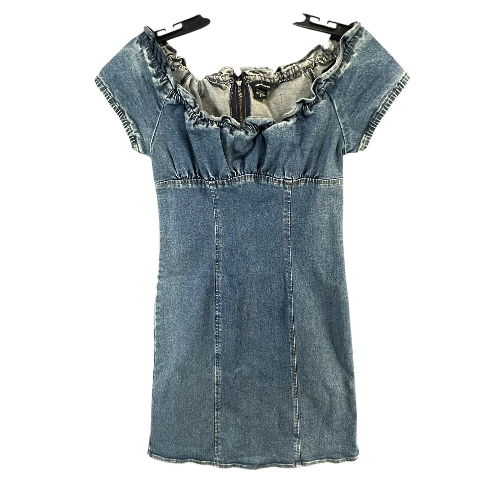 Moda International Y2K Denim Dress 6 Blue Ruffle Neck Milkmaid Stretch Retro - Image 3