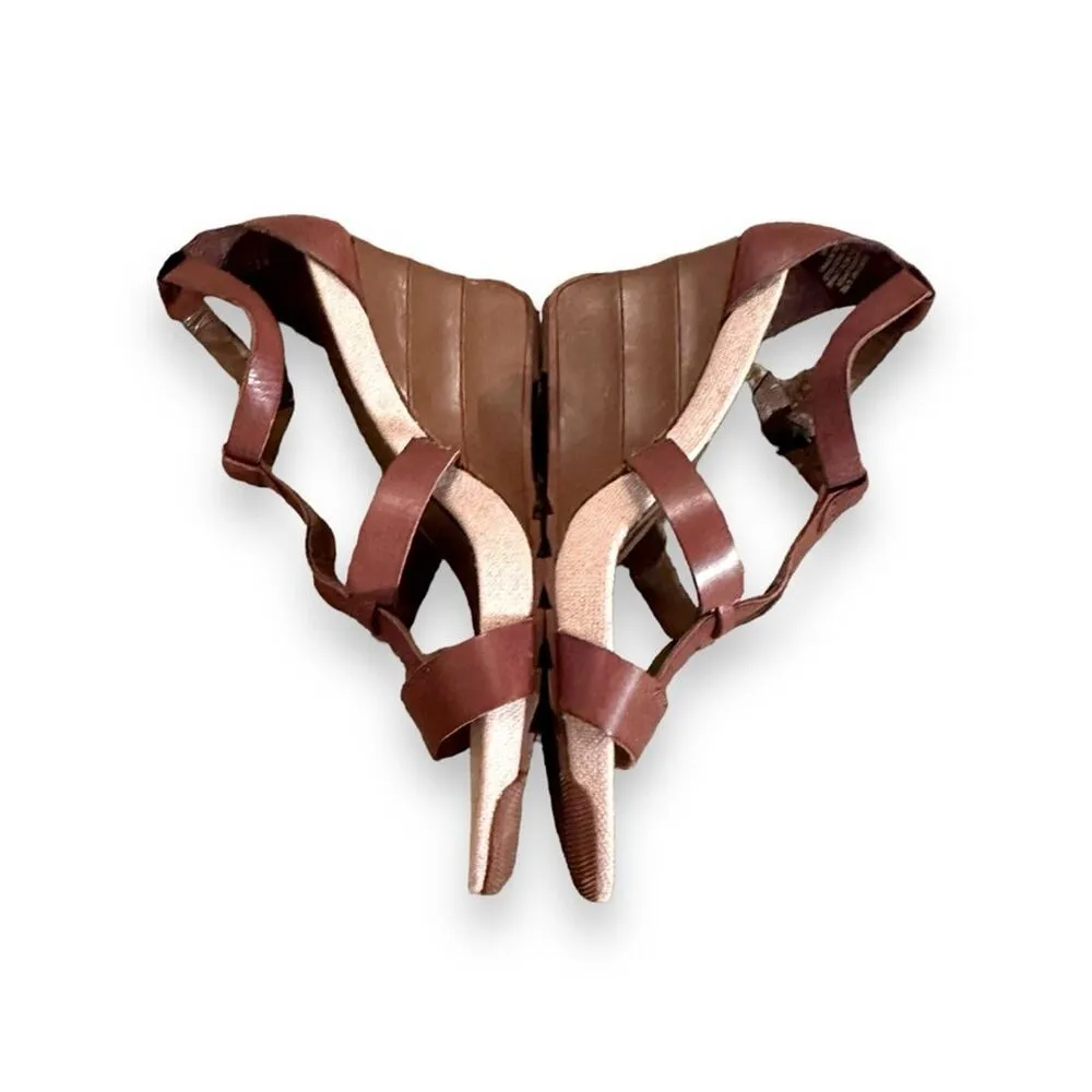 Kenneth Cole Reaction Cedar Brown Leather Strappy High Heel Wedges Sz 8.5 - Image 4