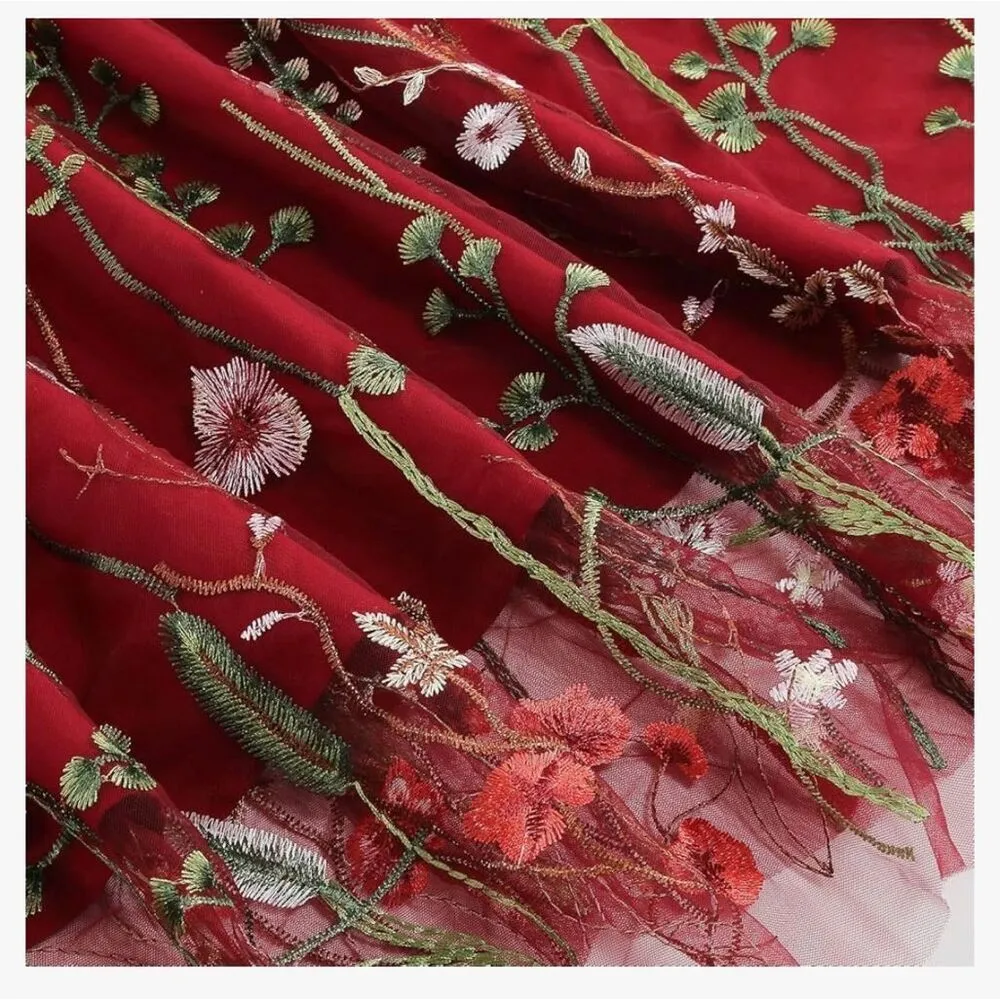 NEW Red Floral Embroidery Sheer Illusion Vintage Cocktail Swing Dress XL Red - Image 6