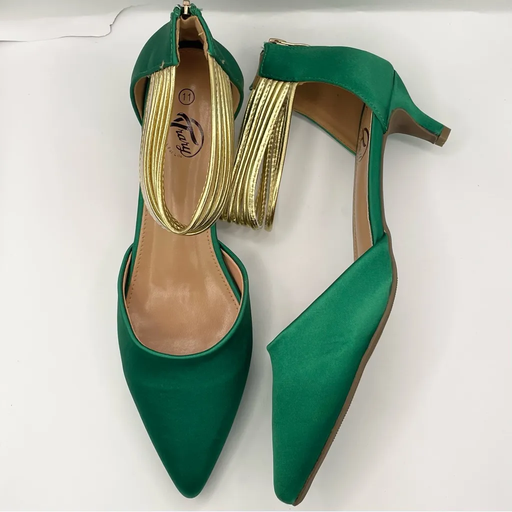 Trary satin green pointed toe pumps kitten heel ankle gold straps women Size 11 - Image 9