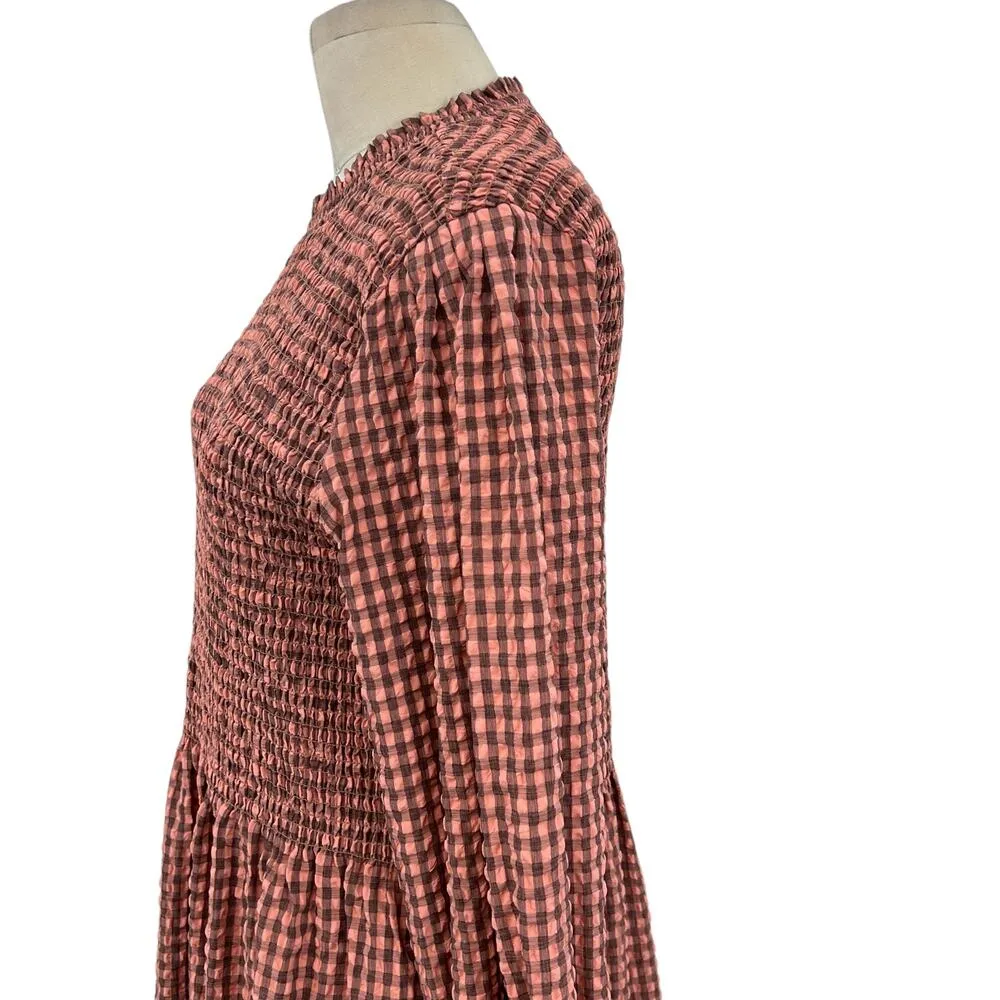Scotch & Soda Smocked Seersucker‎ Plaid Midi Dress Coral Pink Size XL - Image 8