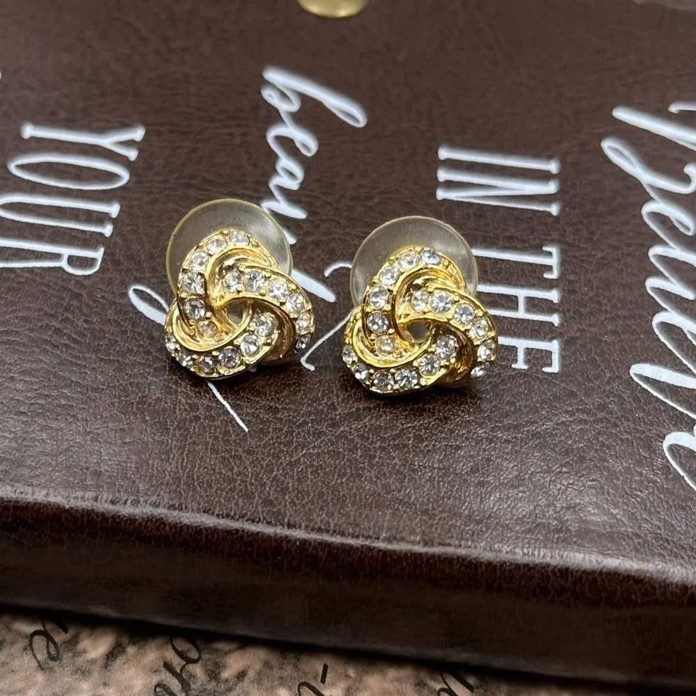 Vintage Gold Knot Rhinestone Earrings Retro 80s 90s Glam - Image 3