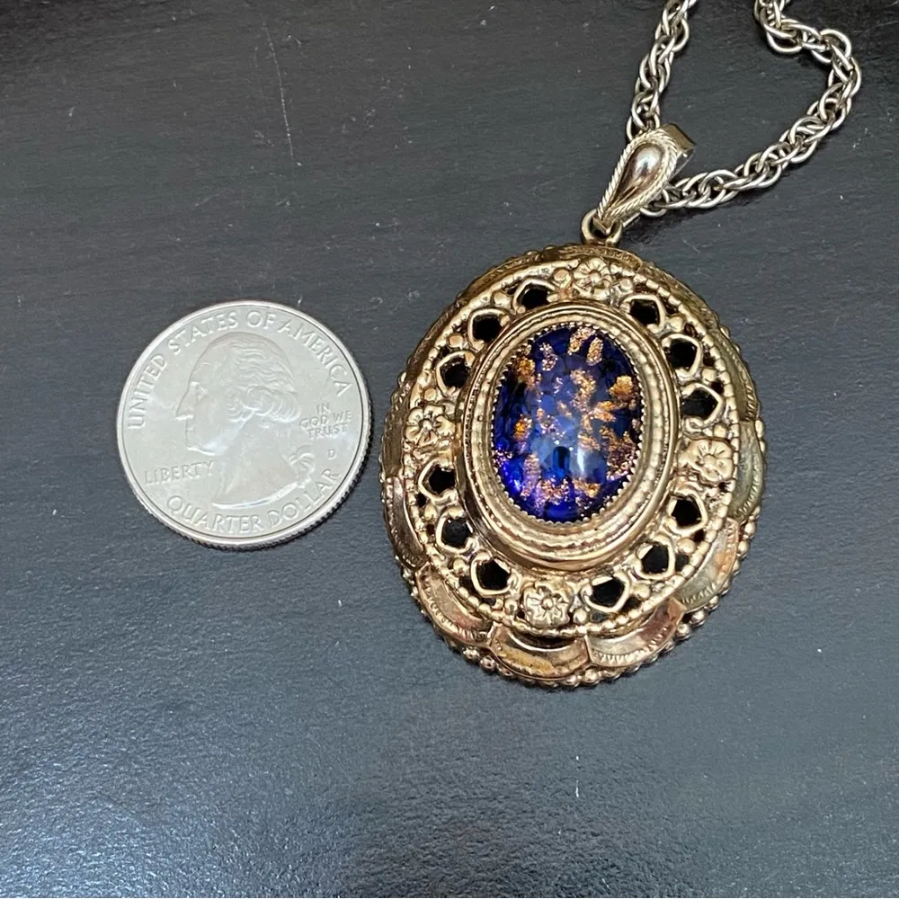 Vintage Caravellle Pendant Watch Double Sided Ornate Cabochon 24” Necklace WORKS - Image 8