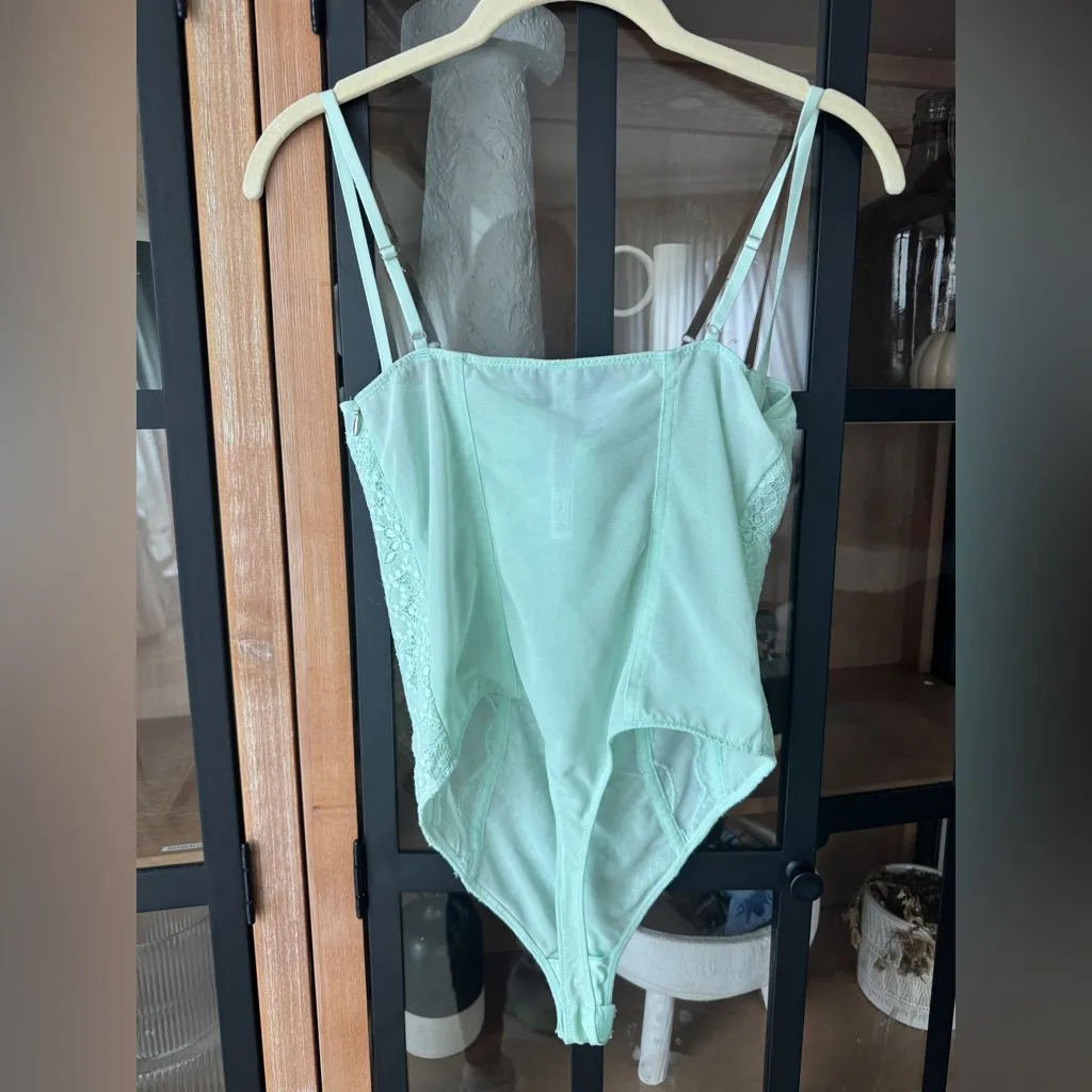 Out from under lace corset bodysuit mint pastel thong lingerie sexy top boning - Image 3