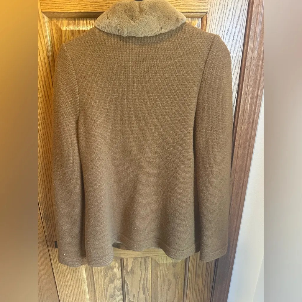 Arte International Faux Fur Trim Cardigan Sweater Sequin Rhinestone Embellshed Brown Size M - Image 5