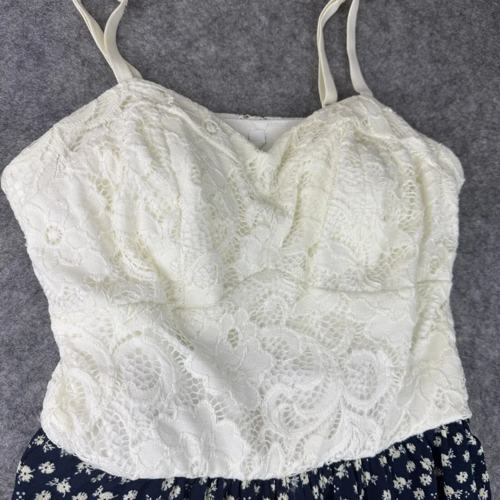 Candies Woman's White Lace & Blue Floral Wide Leg Jumpsuit Slits Y2K 90s Cottage - Image 4