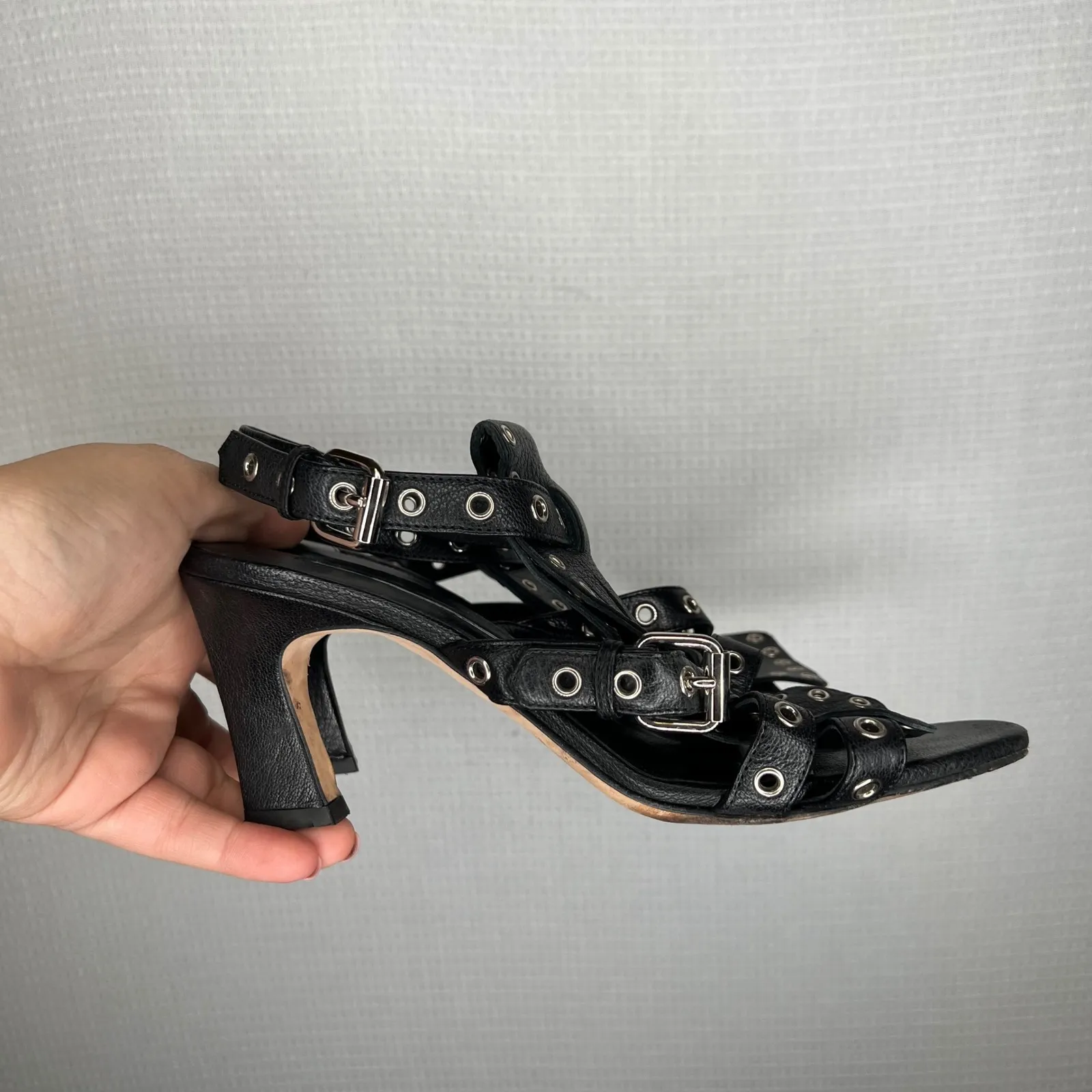 Brian Atwood‎ Size 37 Designer Leather Grommet Strappy Buckle Heeled Sandals - Image 4