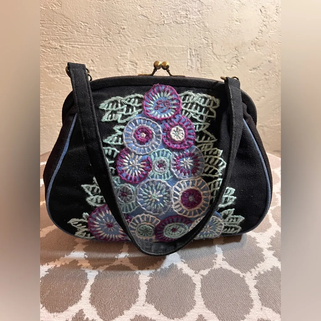 Black Suede Bag Vintage LULU GUINESS Purple Blue Floral embroideried needlepoint - Image 2