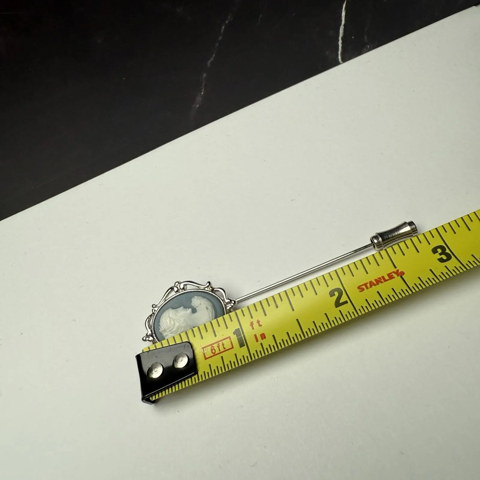 Signed Trifari Blue Cameo Face Of Lady Silver Tone Lapel Stick Pin - Image 8