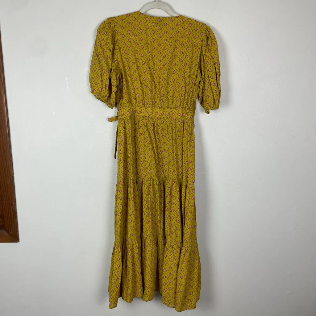 Frnch‎ Paris Yellow Floral Wrap Midi Dress S V-Neck Puff Sleeves Cinch Waist Tie - Image 8