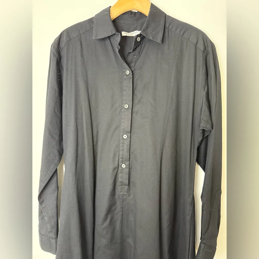 Three graces black cotton, long sleeve button front shirt dress midi/maxi 12 - Image 3