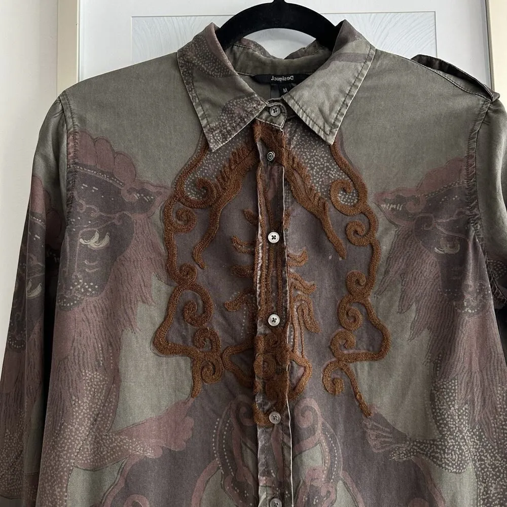 Desigual Dress Womens Medium Boho Military Embroidered Woodland Fairy Earthy - Image 7