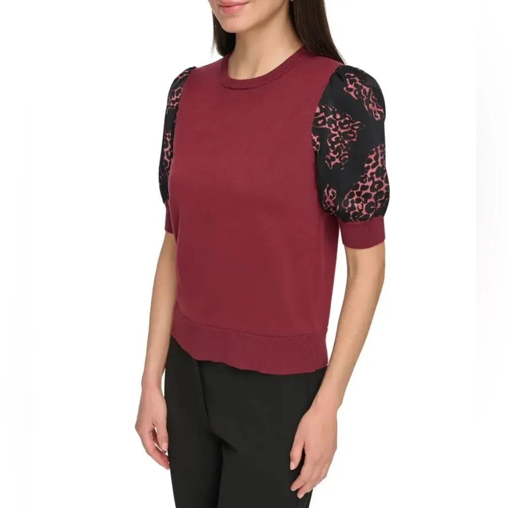 DKNY - Mixed Media Puff Sleeve Sweater Maroon size medium - Image 4