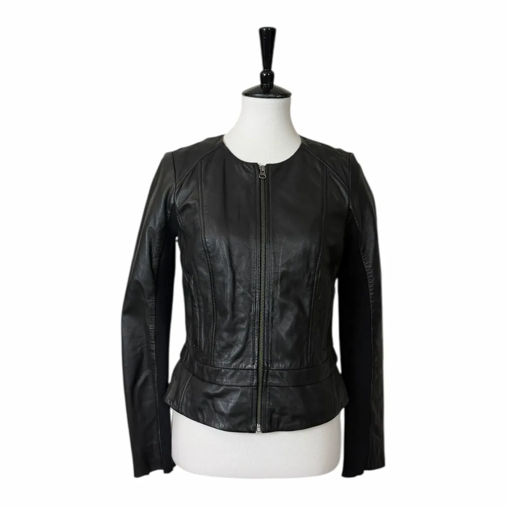 Halogen Black Genuine Leather Jacket Collarless Zip Front Women’s Size Small - Image 3